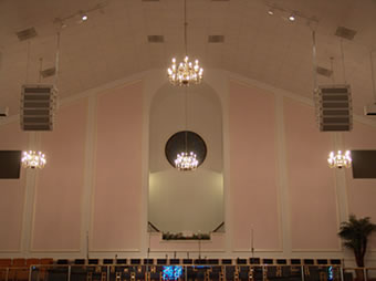 Line array sound system installed in a Houston church sanctuary